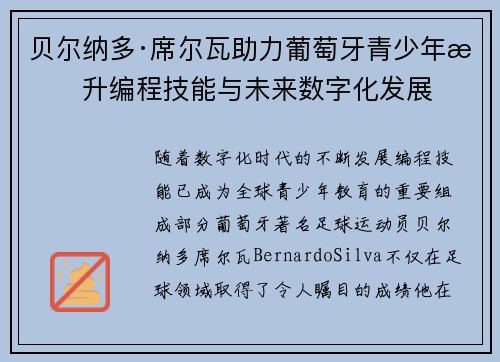 贝尔纳多·席尔瓦助力葡萄牙青少年提升编程技能与未来数字化发展